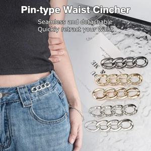 바느질 필요 없는 핀온 허리 조절기 - 바지 및 스커트용 조절 가능한 합금 체인 벨트리스 버클, 즉시 착용 가능, 실버톤