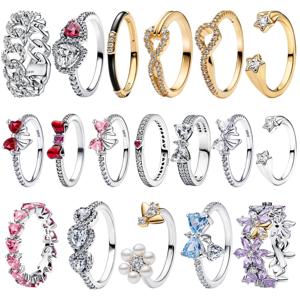 럭셔리 오리지널 925 스털링 실버 하트 모양 리본 꽃 반지 여성용 고급 주얼리 파티 발렌타인데이 선물