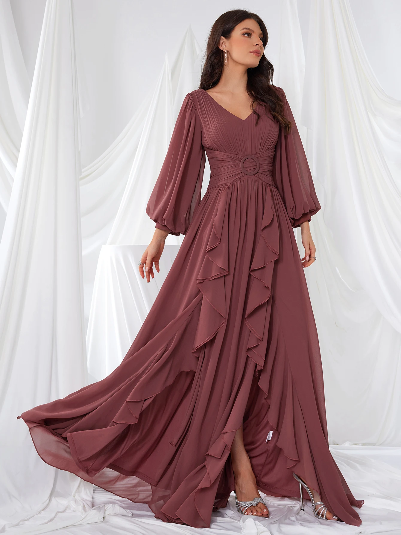 UNITHORSE 여성용 브이넥 긴팔 쉬폰 드레스 스플릿 브라이덜 메이드 맥시 가운