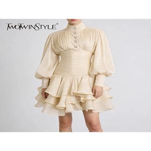 투트윈스타일 솔리드 스플라이스 러플 주름 우아한 여성용 드레스 스탠드 넥 긴팔 튜닉 기품 있는 드레스 여성 패션