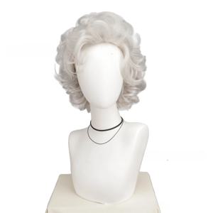여성용 노부인 가발 회색 가발 여성용 할머니 가발 앞머리 있는 짧은 곱슬 합성 머리 할로윈 학교 파티용