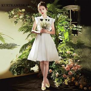 화이트 라운드 넥 드레스 달콤한 대학 슬리브 웨딩 드레스 신부 댄스 파티 저녁 게스트 파티 여성 드레스 공식 베스 티드