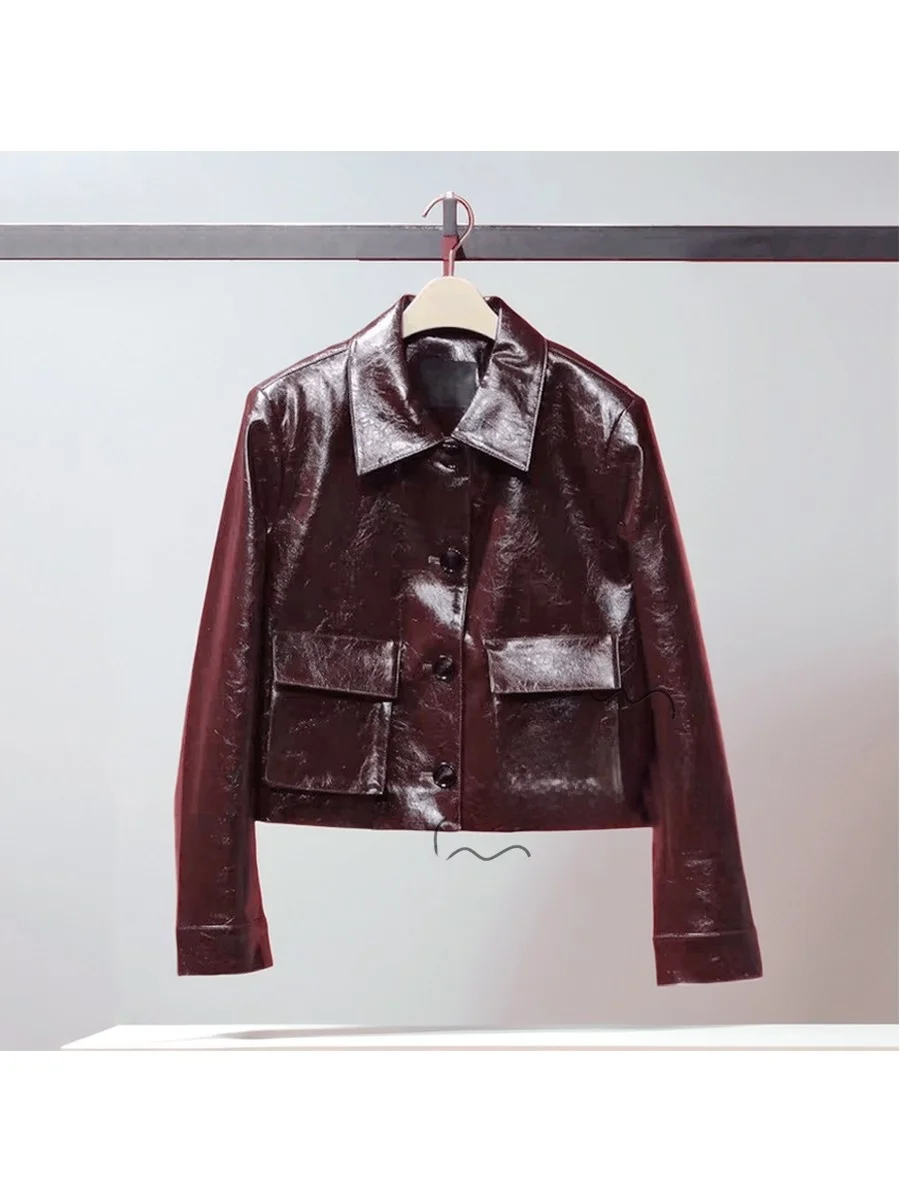 세련된 짧은 PU 가죽 재킷 여성용 포켓 퍼플 무화과색 아우터 가을 겨울 신상품 다용도 출퇴근 스타일
