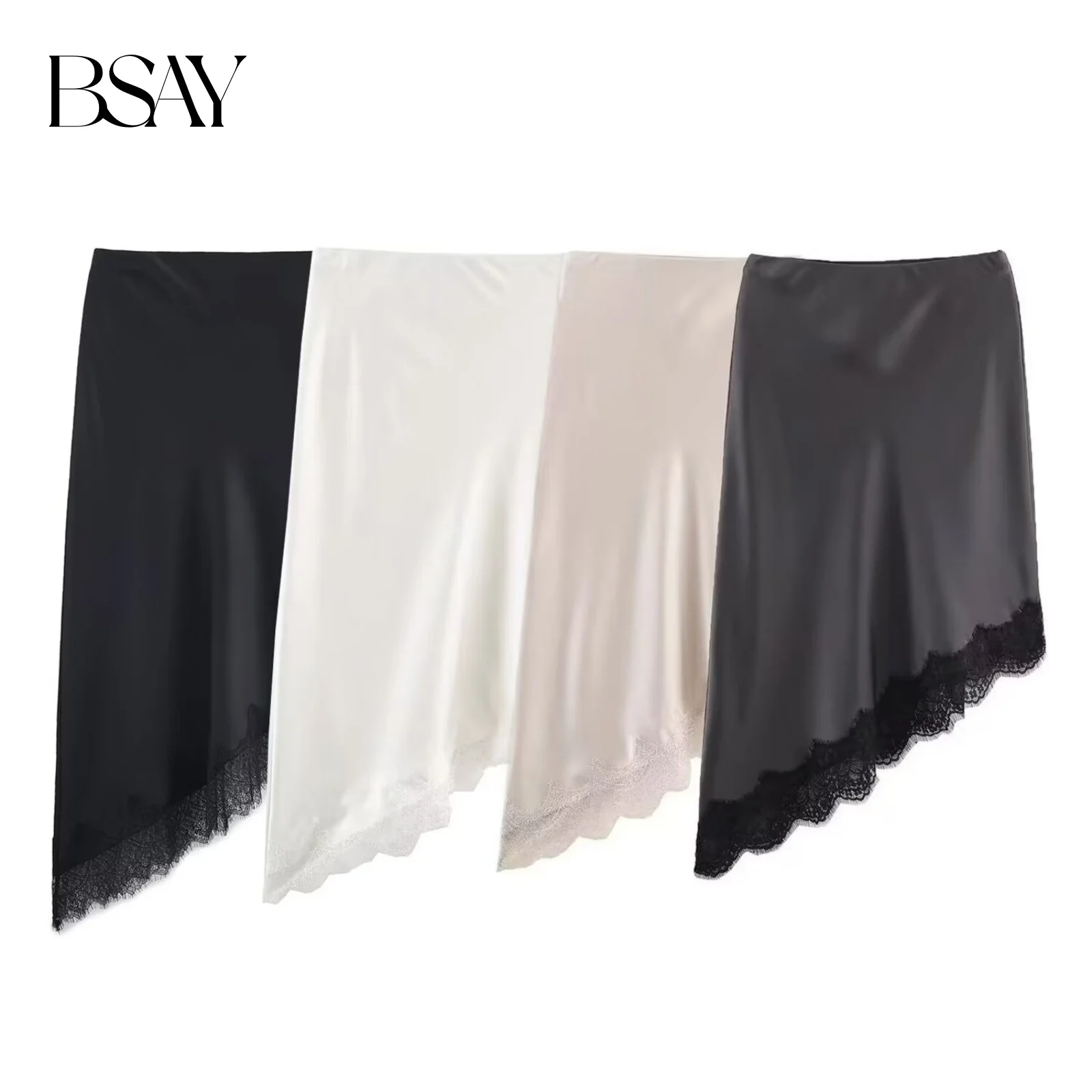 BSAY 레이스 비대칭 새틴 질감 스커트 여성 패션 가을 겨울 새로운 솔리드 세련된 여성 하이 웨이스트 우아한 스커트 Mujer