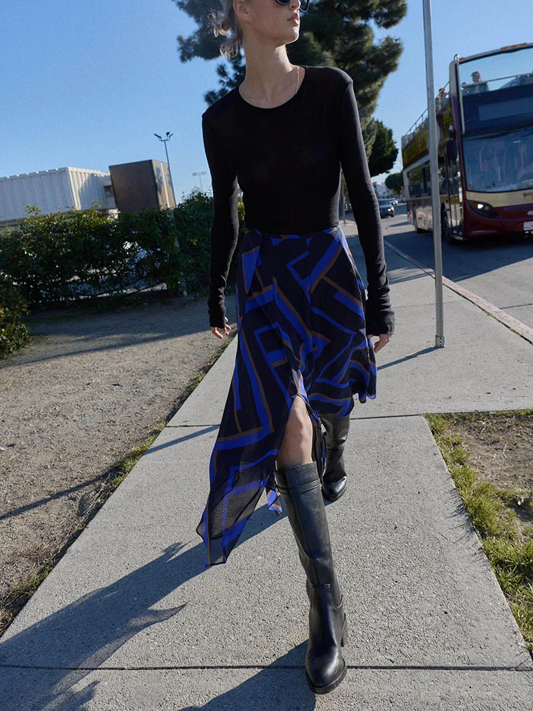 2026년 봄 신상 비대칭 스플릿 미디 스커트 여성 패션 우아한 더블 라펠 프린트 스플릿 개성 무대 의상