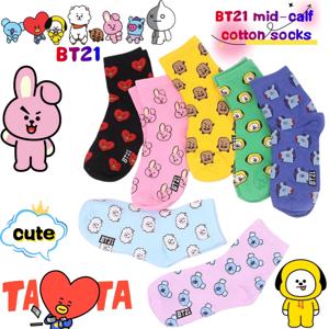 BT21 코야 RJ 쿠키 슈키 타타 미드 종아리 양말 창의적인 하이 패션 애니메이션 만화 프린트 커플 가을 겨울 따뜻한 롱 양말