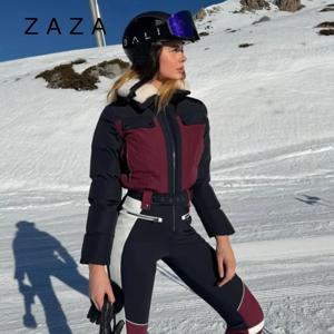 방수 여성용 스노보드 점프수트 패치워크 퍼 칼라 배색 지퍼 일체형 스키복 벨트 포함 2026 신상 여성 스키웨어