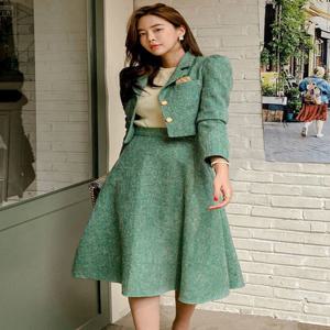 여성용 오피스 복장 스트라이프 빈티지 레이디 싱글 브레스트 짧은 블레이저 코트 정장 재킷, 하이 웨이스트 미디 스커트, 2 피스 세트 패션