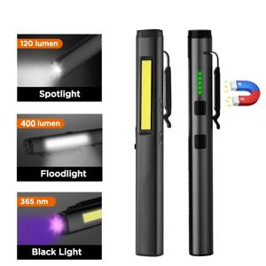 다기능 4 in 1 LED 손전등 미니 USB 충전식 800mah 펜 클립 손전등 365nm 자외선 COB 캠핑 작업 수리