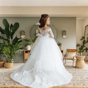 MisShow 어린이 화이트 얇은 명주 그물 꽃 소녀 드레스, 3-9 세 긴 소매 레이스 아플리케 소녀 웨딩 파티 신부 들러리 원피스