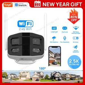 Tuya Smart 4MP 2.5K 듀얼 렌즈 대형 와이드 180 ° 보안 카메라, 실외 카메라, 컬러 나이트 비전/사이렌/양방향 토크 IP 카메라 포함
