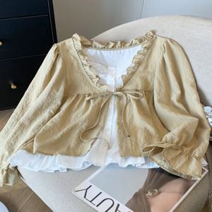 한국 캐주얼 달콤한 곰팡이 레이스 칼라 여성 셔츠, 페이크 투피스 레이스업 긴팔 셔츠, 가을 신상 패션