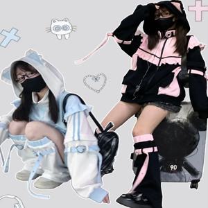 봄가을 얇은 플리스 서브컬쳐 가상 인간 컬러 블록 긴팔 후드티 여성용 레이스 밑단 코트 스윗 스타일 지퍼 루즈핏