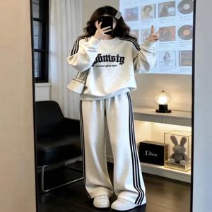 트렌디 스트라이프 스웨트셔츠 팬츠 세트 여성 캐주얼 패션 스포츠웨어 기모 봄 가을 겨울 인기 투피스 세트