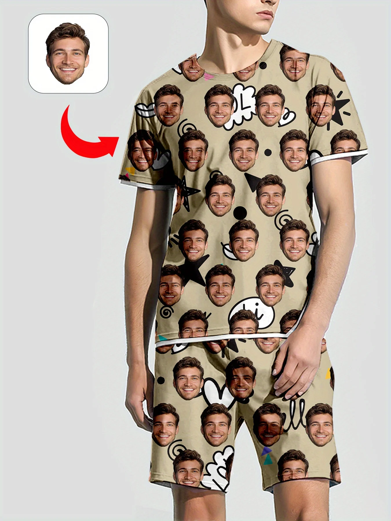남녀공용 얼굴 프린트 티셔츠 반바지 세트, 개인 사진 맞춤 잠옷, 편안한 루즈 홈 세트, 발렌타인 데이 선물