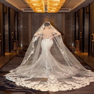 긴 성당 길이 신부 베일 아플리케, 화이트 아이보리, 주식 웨딩 베일, 웨딩 액세서리