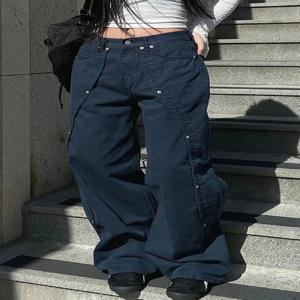 여성용 청바지 Y2k 의류 루즈핏 와이드 레그 바지 빈티지 아메리칸 레트로 스타일 리벳 패치워크 스플릿 디자인