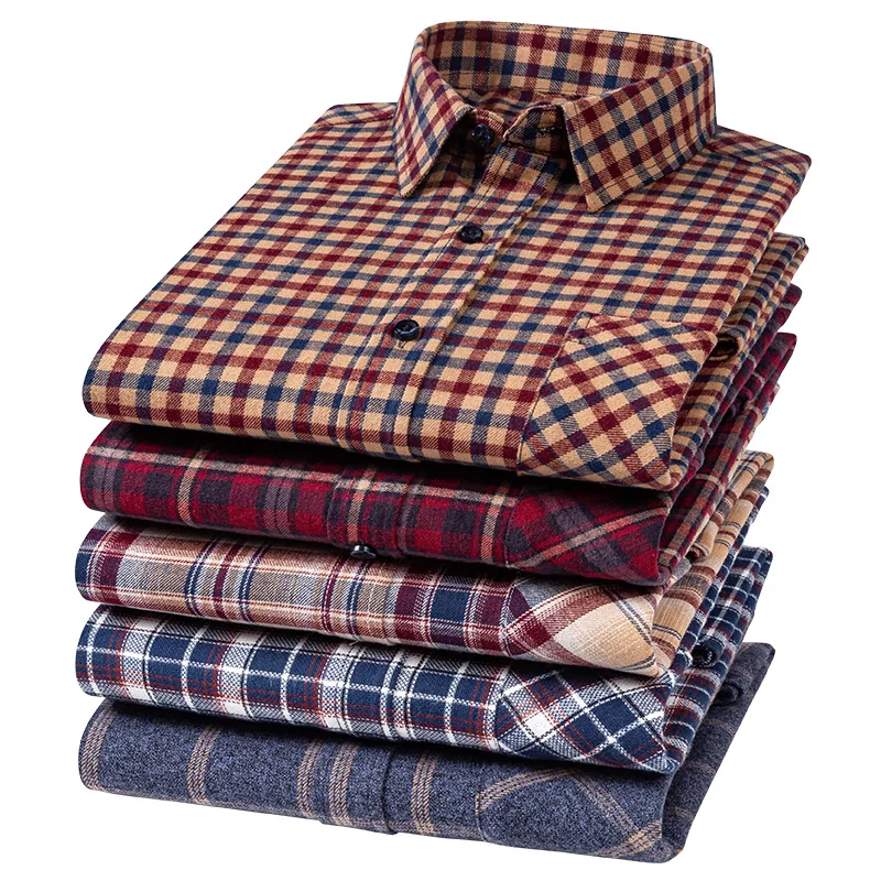 2025 남성용 100% 코튼 브러시 긴 소매 셔츠 슬림 피트 공식 Plian 셔츠 소프트 격자 무늬 캐주얼 탑 디자이너 의류