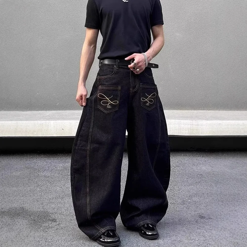 2025 여름 신작 남성 Y2k 포켓 장식 청바지 하라주쿠 복고풍 패션 트렌드 스트리트 힙합 캐주얼 루즈 틈새 남성 바지