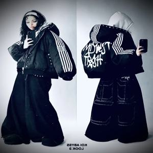 힙합 하라주쿠 스트리트 스트라이프 루즈 지퍼 자켓 따뜻한 코튼 패딩 자켓 남성과 여성을위한 고스 패션 개성 자켓