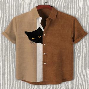 남성용 재미있는 셔츠 하라주쿠 일본 남성 재미 숨바꼭질 검은 고양이 프린트 캐주얼 셔츠 2025 여름 휴가 3D 프린팅 블라우스 티셔츠