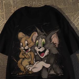 톰과 제리 남성과 여성 티셔츠, 반팔, 여름 만화 톰과 제리 프린트 순수 코튼 의류
