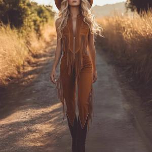 2025 신상 트렌디 솔리드 컬러 레트로 웨스턴 프린지 브라운 스웨이드 베스트 점프수트