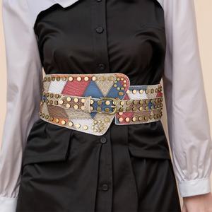 숙녀 리벳 가죽 볼 패턴 여성을위한 복고풍 패션 벨트 허리 장식 탄성 거들 cummerbund 드레스 코트