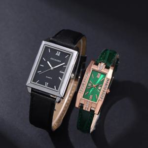 2개/세트 사각 시계 세트 커플 시계, 로마 숫자 디자인, 쿼츠 무브먼트, 간단한 시계 |   우아한 시계 |   액세서리 세트