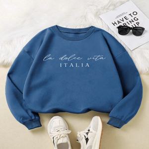 La Dolce Vita Italia 프린트 여성용 스웨트 셔츠 Crewneck Y2K 루즈 한 의류 멀티 컬러 캐주얼 풀오버 플리스 올 매치 탑