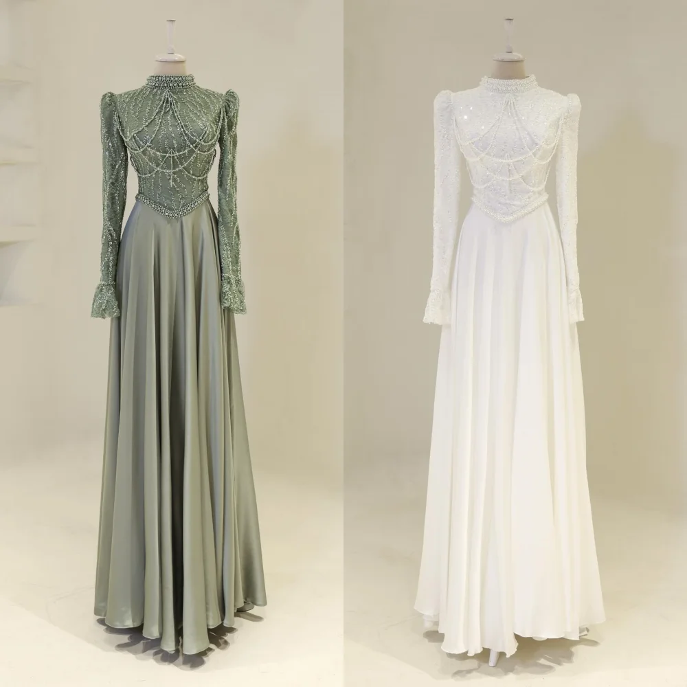 맞춤형 Charmeuse 스팽글 구슬 장식 높은 칼라 A 라인 롱 드레스 맞춤형 행사 럭셔리 여성 이브닝 파티 스파클