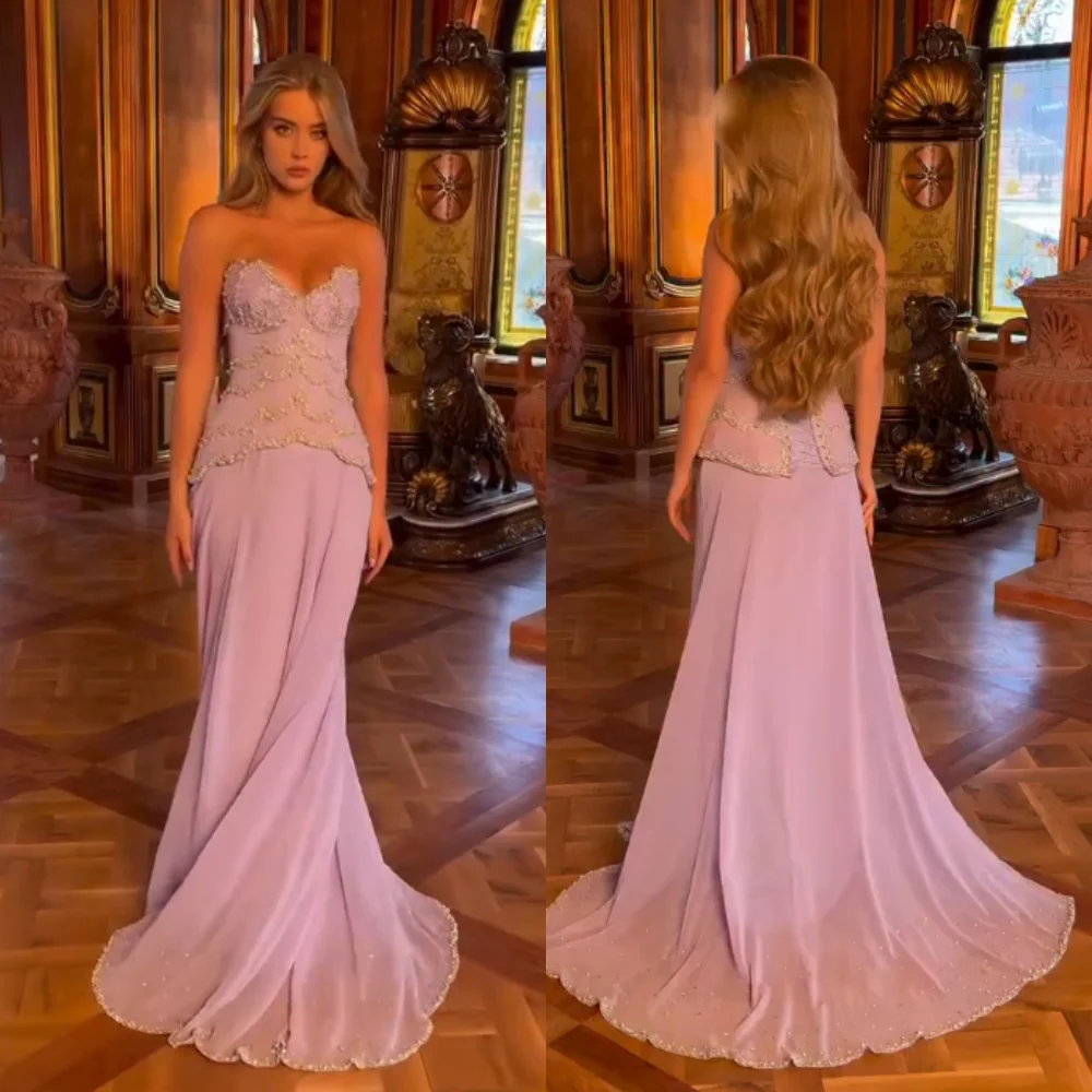 맞춤형 쉬폰 구슬 장식 연인 넥 레이스 업 a 라인 바닥 길이 맞춤형 행사 여성 럭셔리 이브닝 파티 드레스 섹시한