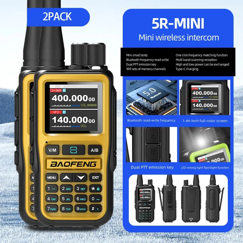 트윈 팩 Baofeng UV-5R 미니 5W 라디오 |   Bluetooth 채널 동기화 + NOAA 폭풍 보고서 |   비상용으로 충전 가능한 Type-C