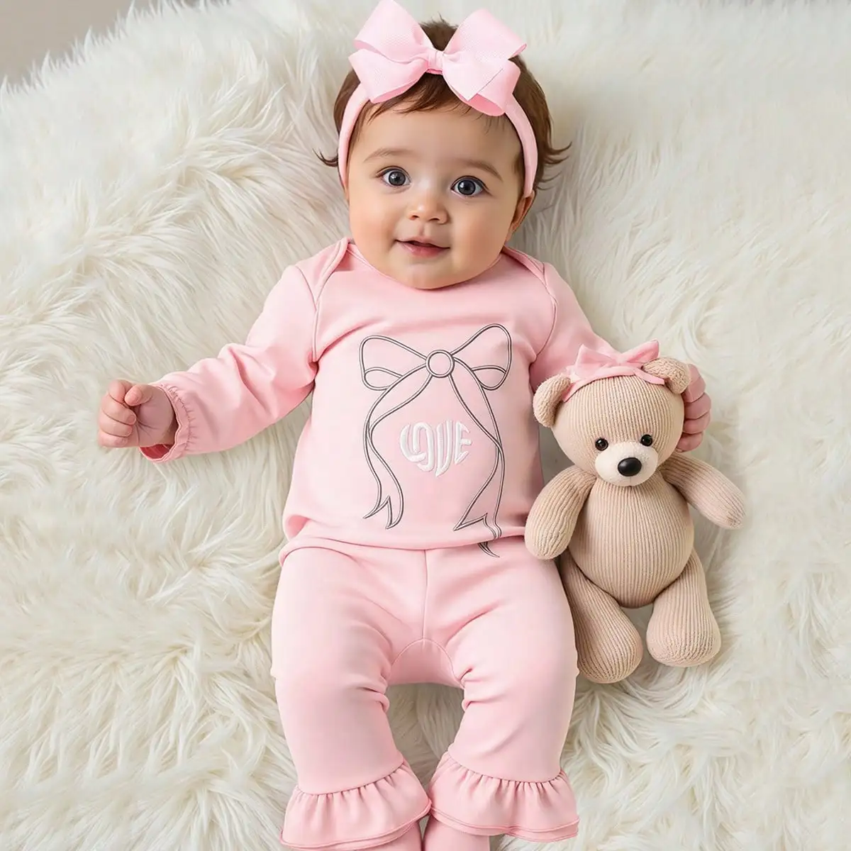 Ylsteed 2피스 세트 '리본 LOVE' 자수 신생아 소녀 사진 촬영 의상 리본 헤드밴드와 매칭되는 핑크 베이비 러플 점프수트