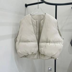 예술적인 디자인의 짧은 화이트 덕다운 조끼 여성용 아우터웨어 패셔너블한 출퇴근 스타일 레귤러 핏 얇고 따뜻한 지퍼형 단색