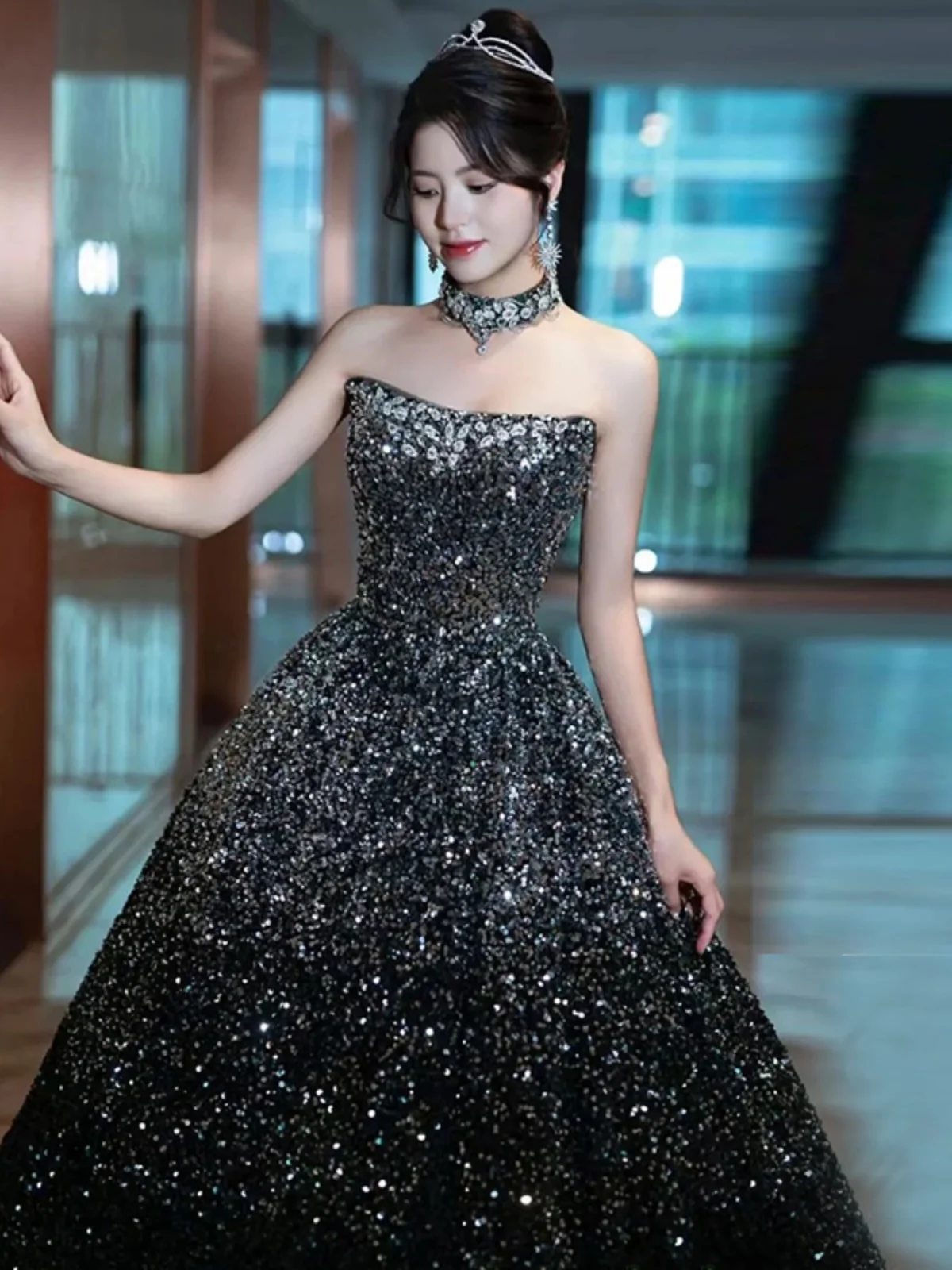 우아한 롱 슬리브리스 여성용 이브닝 가운 한국 스타일 웨딩드레스 A라인 스커트 폴리에스터 원단 약혼 파티용