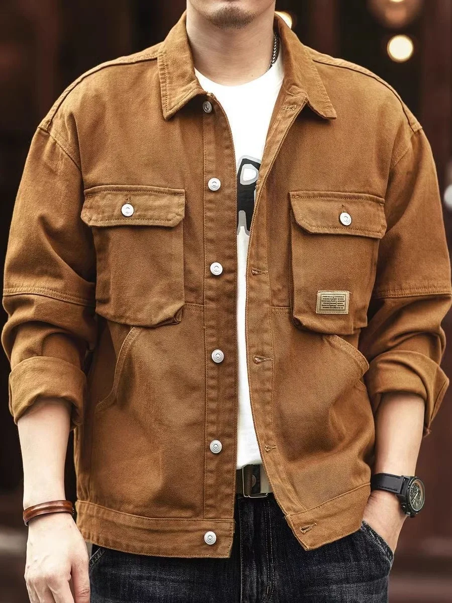 남성 캐주얼 루즈핏 데님 재킷 작업복 내구성이 뛰어난 먼지 방지 아메리칸 스타일 다용도 젊은 감각의 가을 아우터웨어