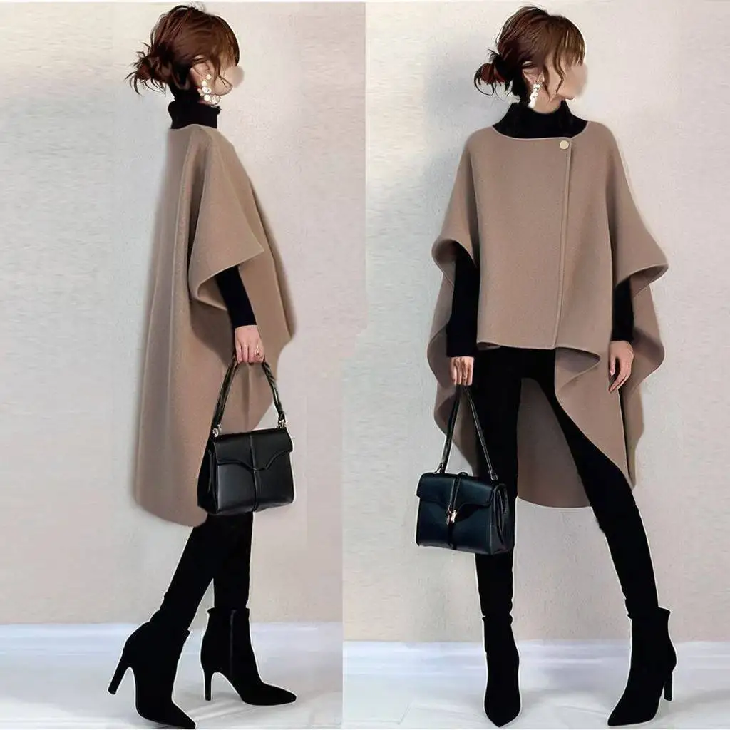 2025년 봄 여성용 루즈핏 울 코트 비대칭 디자인 감각적인 소규모 시장 인기 후드 아우터웨어 유행 트렌드