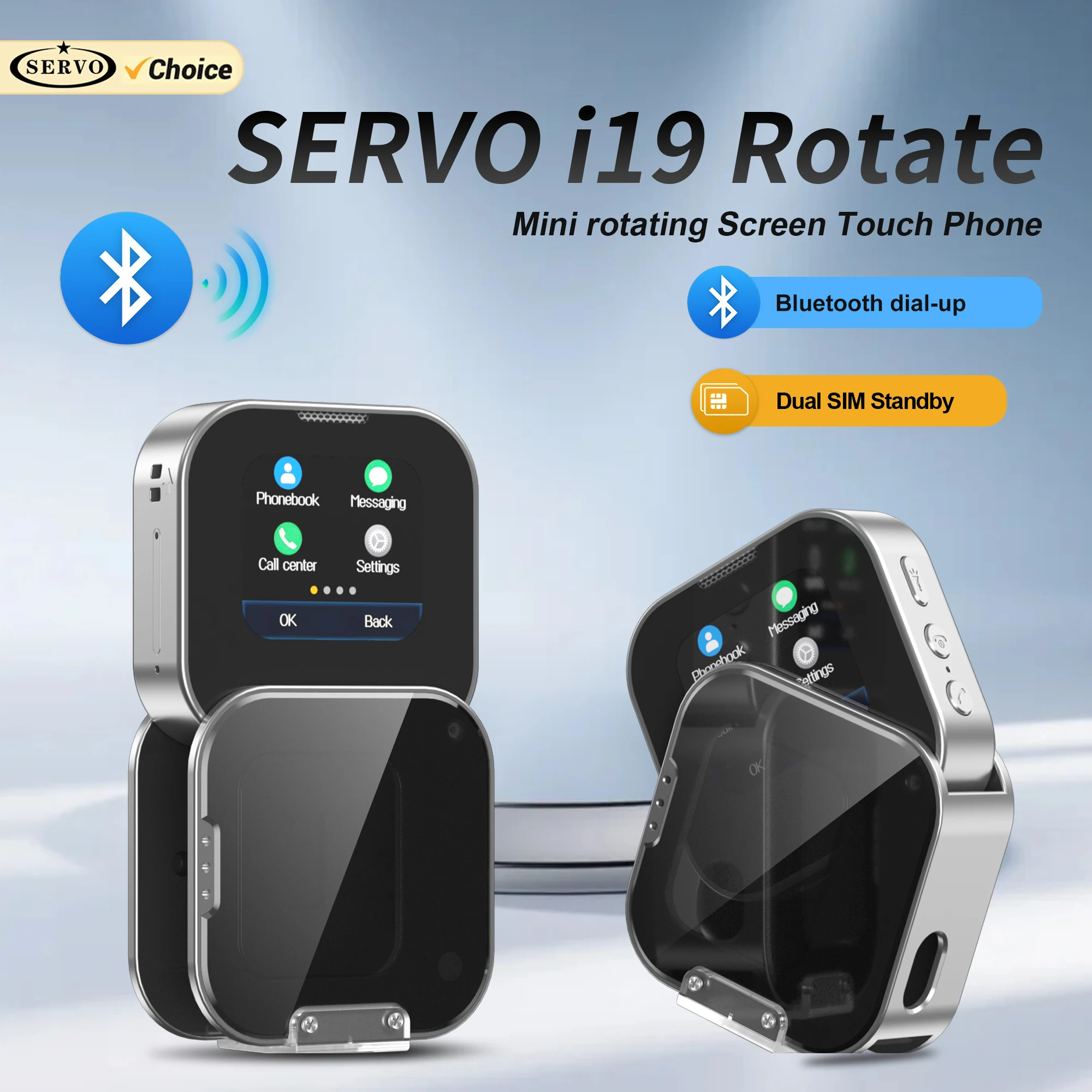 SERVO i19 회전형 미니 휴대폰 1.69인치 터치스크린 듀얼심 대기 블루투스 다이얼러 매직 보이스 FM 라디오 2G GSM 소형 휴대폰