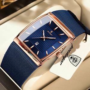 포에다가 최고급 남성용 시계 스테인리스 스틸 메쉬 날짜 방수 야광 남성 손목시계 캐주얼 사각 쿼츠 남성 시계