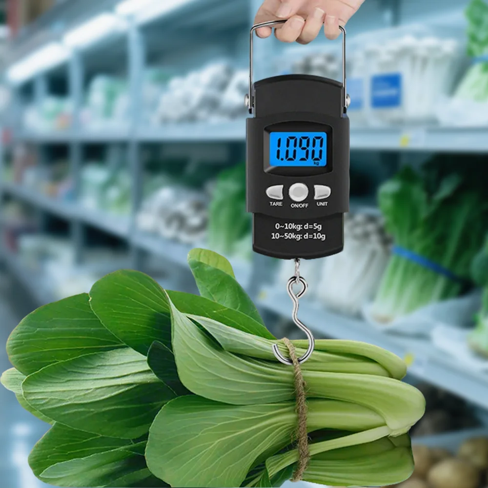 50kg/10g 휴대용 LCD 전자 손저울 여행용 걸이형 저울 100cm 길이의 접이식 측정 테이프 포함 생선, 야채 무게 측정 가능