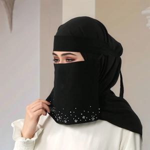 무슬림 얼굴 가리개 히잡 머리 스카프 꽃 다이아몬드 이슬람 스트랩 스카프 헤드커버 여성 베일 모달 코튼 기도용 통기성 랩