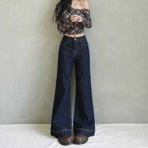 슬리밍 하이웨이스트 와이드 레그 데님 진 여성용 가을 겨울 신상 루즈핏 캐주얼 코튼 스트레치 데님 팬츠