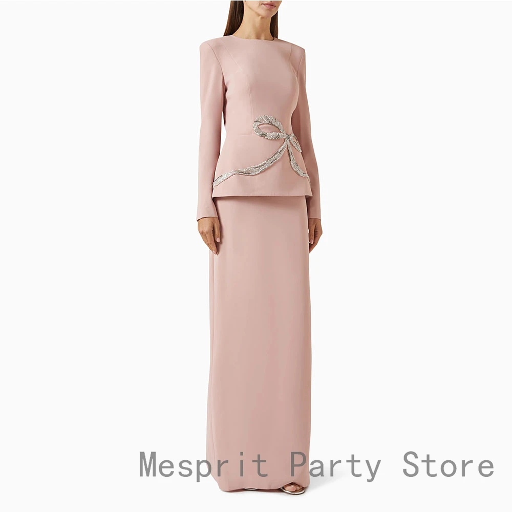 핑크 여성 이브닝 가운 바닥 길이 프롬 드레스 O넥 정장 파티 드레스 긴 소매 비딩 사우디 가운