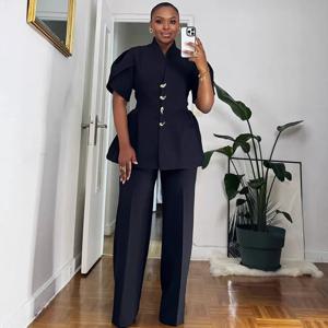 빈티지 우아한 투피스 세트 여성용 매칭 세트 오피스 레이디 싱글 브레스티드 퍼프 슬리브 블레이저 코트와 와이드 레그 팬츠 수트