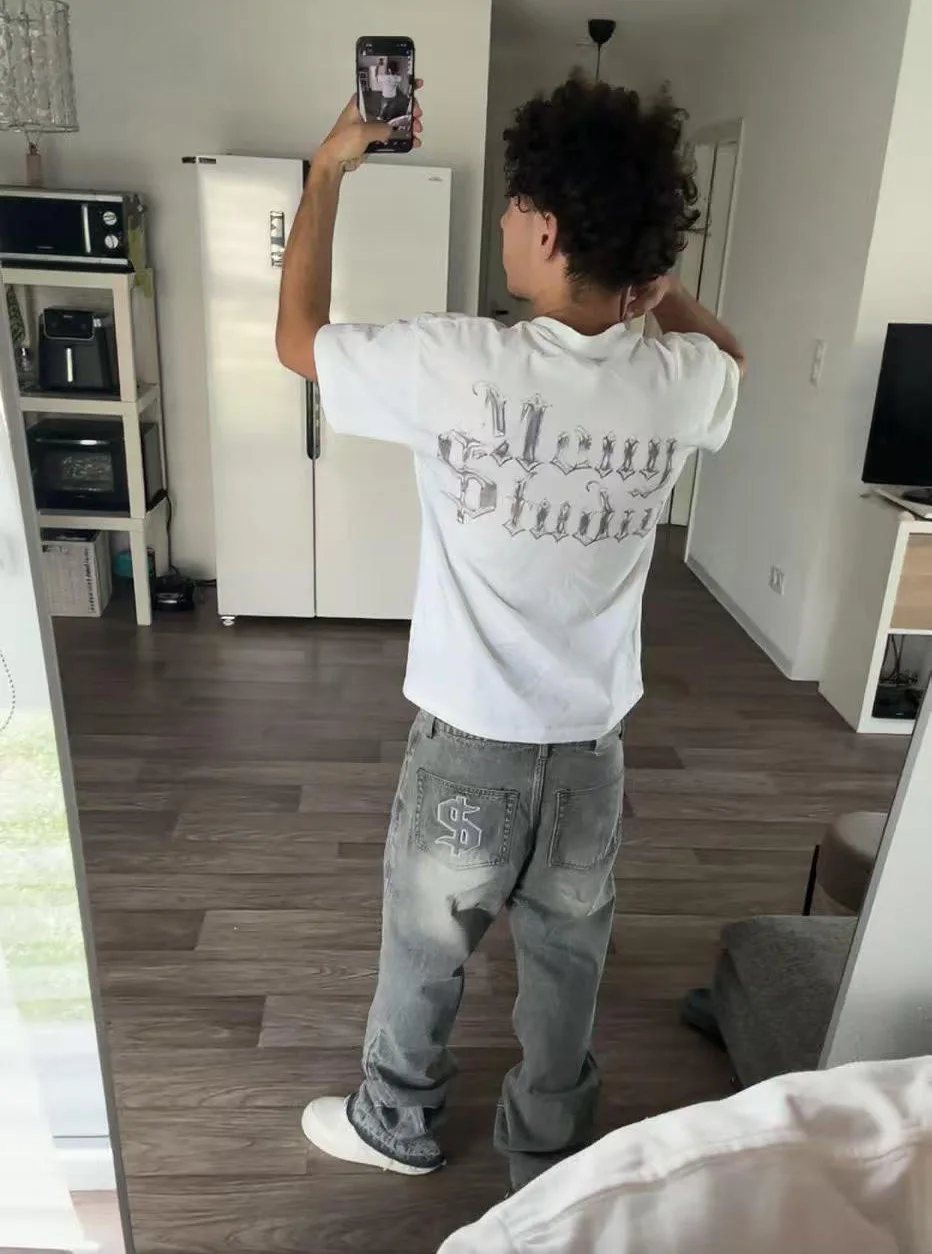 Y2K 배기핏 연한 색상의 미드 진 레트로 달러 자수 와이드 레그 팬츠 고딕 트렌디 힙합 남녀 스트리트웨어 진