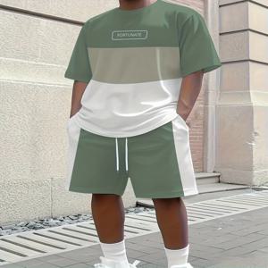 2026 캐주얼 남성 세트 여름 의류 컬러 블록 반팔 상의 릴랙스드 드로스트링 반바지 스타일리시 스트리트웨어 세트