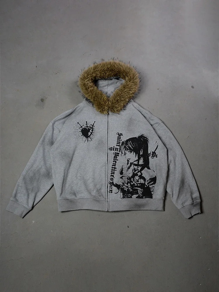 겨울 패션 스트리트웨어 여성 고딕 프린트 인조 퍼 후드 재킷 트렌디하고 엣지한 지퍼업 스웨트셔츠 2026 신상품