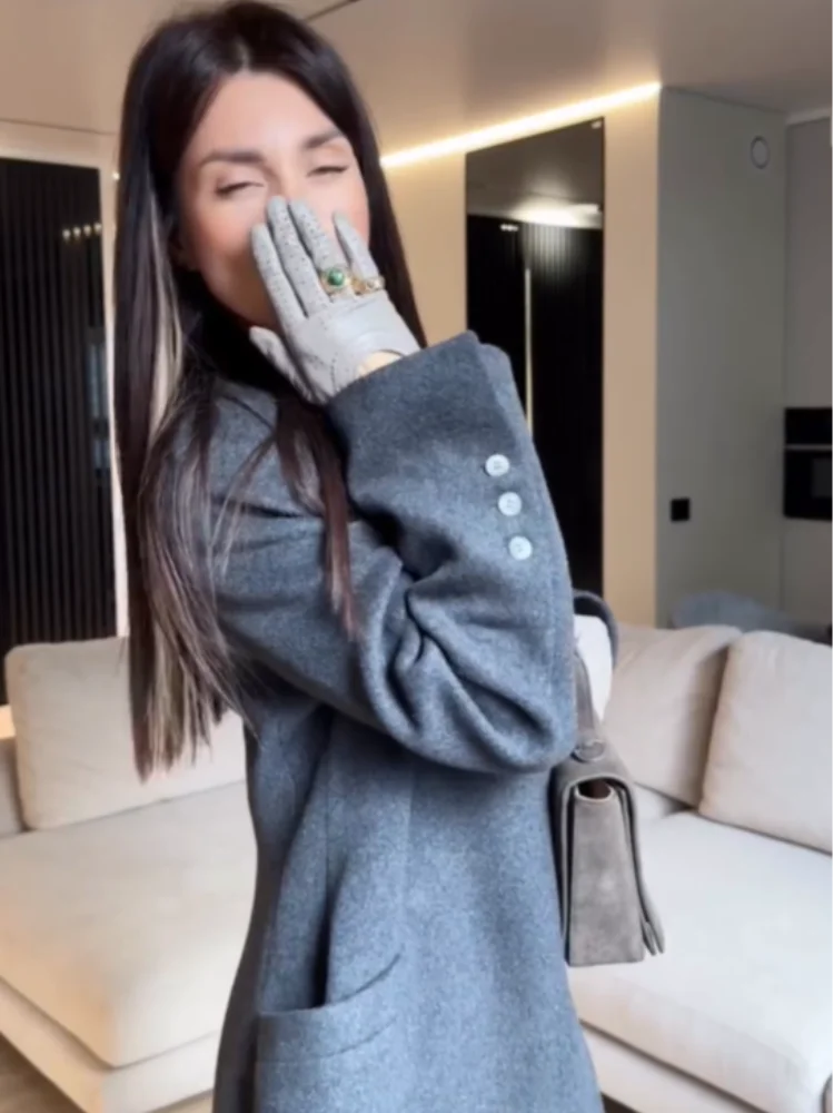 우아한 여성용 롱 코트 브이넥 솔리드 슬림 싱글 버튼 허리 조임 여성 재킷 2025 가을 겨울 시크 여성 스트리트웨어