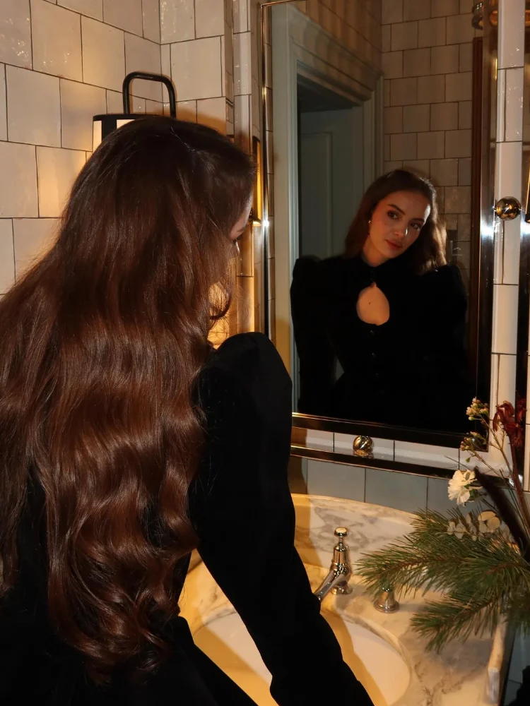 여성용 블랙 벨벳 페플럼 블라우스 코트 컷아웃 퍼프 슬리브 버튼 프론트 우아한 파티 긴팔 탑 패션 여성 아우터웨어